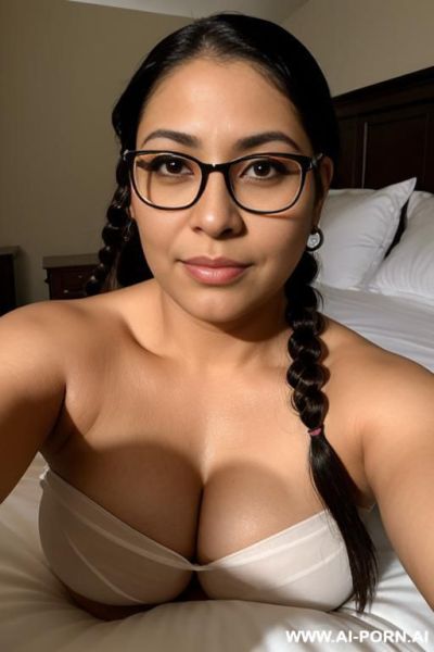 Mexican, chubby face, long braided hair, on bed, topless, winged eye liner, glasses - ai-porn.ai - Mexico on pornsimulated.com