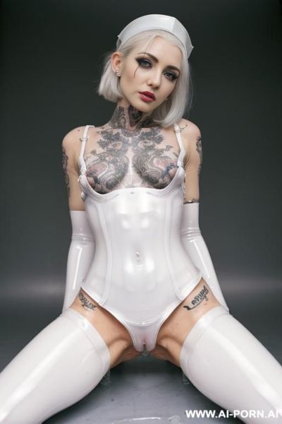 ((superskinny ))dinky woman, slight body, elfin model, (((white pallid skin)), ((ghastly white shiny skin )) ((no body fat)), ((beautiful face)), ahegao pretty face horny ((full body view)), bottomess, ((pvc nurse suit)) - ai-porn.ai on pornsimulated.com