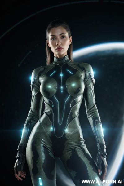 (front view), (looking at the viewer), (detailed face), (detailed body), (detailed arms), (detailed skin), sci-fi orс solder, strong fit body, wear transparent camouflage bodysuit, holds a plasma rifle - ai-porn.ai on pornsimulated.com