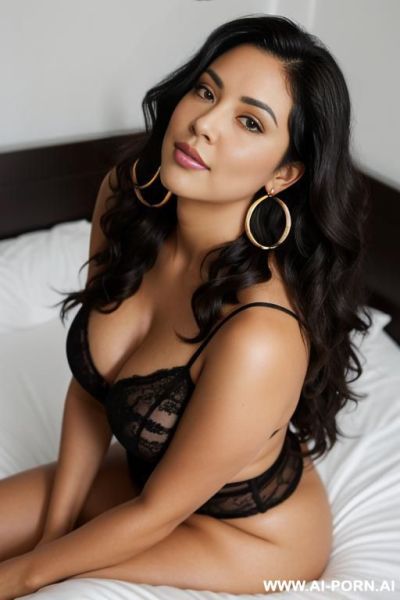 Curvy body, black hair, brown eyes, naked, long wavy hair, sitting on bed, looking up at viewer, close up view from above, woman facing viewer, hoop earrings, glassee - ai-porn.ai on pornsimulated.com