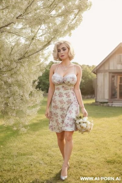 Long hair, traditional wife, short blueish floral dress, standing in garden, summer, (pearl necklace), (((expressive eyes))), hourglass figure, (wide hips), ((tanned skin)), wrist watch, ((wide round - ai-porn.ai on pornsimulated.com