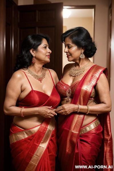 Indian fifty years old blackhaired chubby queen in a red sari is gently stripping a fifty years old blackhaired female servant with shaved vagina, waist chain and necklace full naked under the stars - ai-porn.ai - India on pornsimulated.com