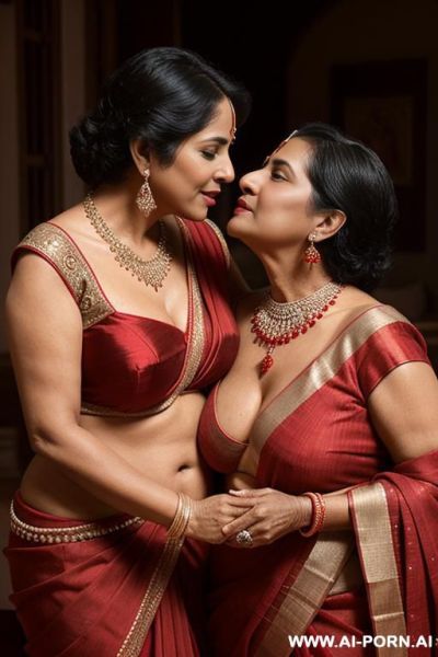 Indian fifty years old blackhaired chubby queen in a red sari is gently kissing a fifty years old blackhaired full naked chubby female servant with shaved vagina, waist chain and necklace under the stars - ai-porn.ai - India on pornsimulated.com