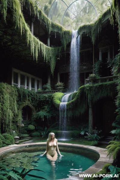 Blonde long fluffy wavy hairs nude naked in garden mansion rounded pool azure water wilderness overgrown moss flowers grass forest hills glass wooden mansion overgrown hedge arches waterfall she take shower in waterfall - ai-porn.ai on pornsimulated.com