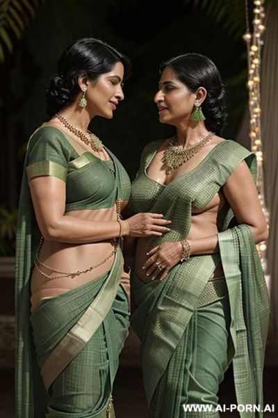 Indian fifty years old blackhaired chubby queen in a (((green sari))) is gently kissing a full naked ((fifty years old)) blackhaired (((full naked female servant with shaved vagina, waist chain and necklace))) under the stars - ai-porn.ai - India on pornsimulated.com
