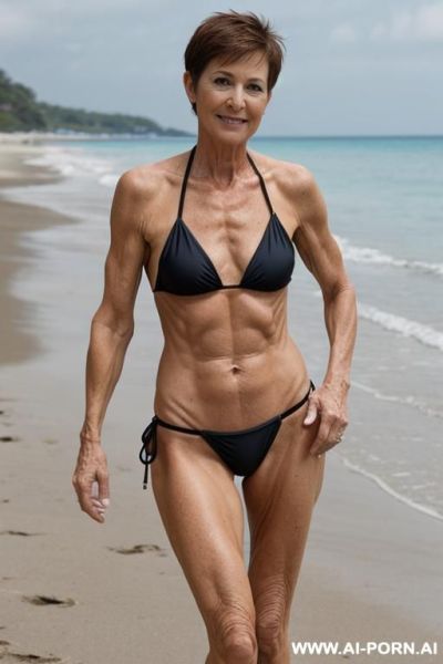 Short hair, pixie hair, full body, on the beach, slut, gilf, wrinkles, micro bikini, age marks, full standing, sling bikini, water shoes, sporty bikini, tan lines - ai-porn.ai on pornsimulated.com