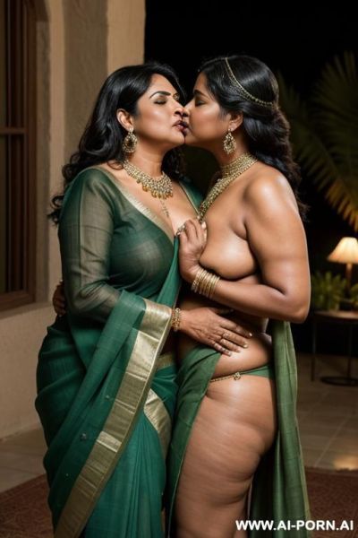 A chubby fifty years old black haired indian queen in green sari is gently kissing a chubby full naked naughty nude fifty years old black haired female servant with shaved vagina under the stars - ai-porn.ai - India on pornsimulated.com