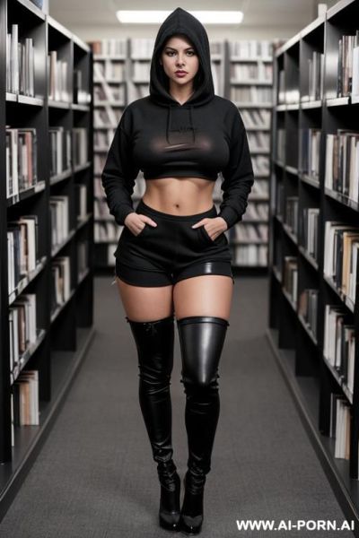, black hair, gothic woman, big breasts, big ass, wearing black hoodie, wearing ripped black pants, showing nipples, showing pussy, oiled - ai-porn.ai on pornsimulated.com
