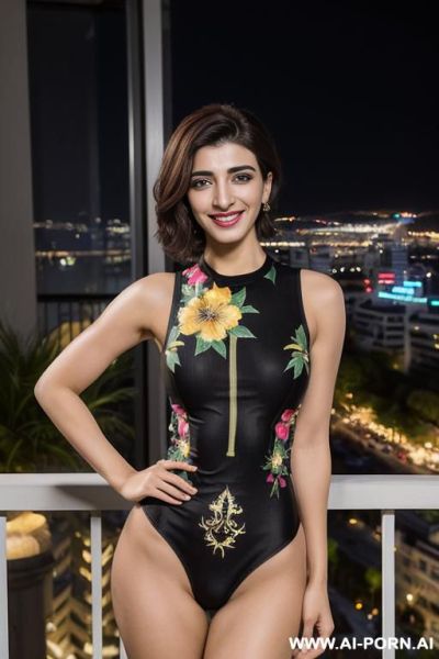 (urwa hocane), ((( punjabi ))), (( floral patterned crew neck sleeveless swimsuit bodysuit)), (christmas), (modern monaco mansion), (big nose), ((smiling at the camera)), photorealistic, (ultra detailed - ai-porn.ai on pornsimulated.com
