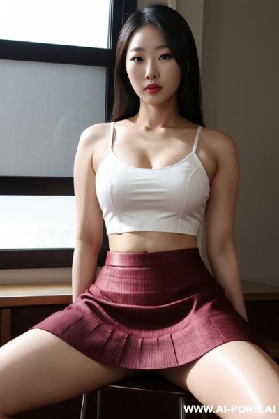 Asian woman , crop top, skirt, spreading legs. tease - ai-porn.ai on pornsimulated.com