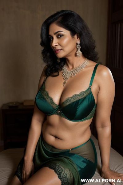 Indian fifty years old blackhaired chubby queen in a green sari gently kissing a full naked fifty years old blackhaired full naked female servant with shaved vagina under the stars - ai-porn.ai - India on pornsimulated.com