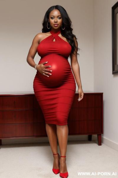African american, pregnant, tight red dress, oiled skin, milf - ai-porn.ai - Usa on pornsimulated.com
