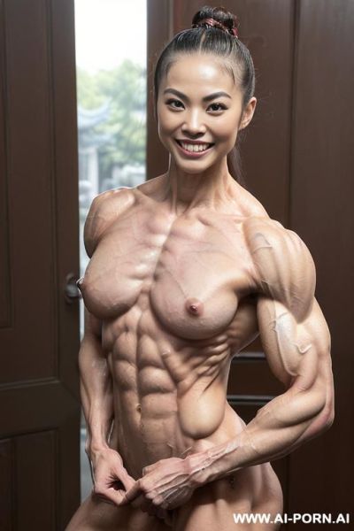 ((nude smiling very muscular short fbb chinese woman with rockhard pecs)), (((nude))), ((naked)), (((very white chinese skin with muscle veins))), ((freaky extreme sculpted abs)), ((nude very muscular - ai-porn.ai - China on pornsimulated.com
