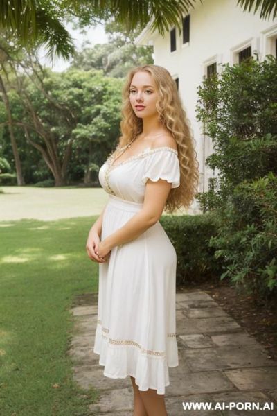 Beautiful woman, woman years old, soft fair skin, long curly blonde hair to her hips, golden eyes, curvy body, wearing a white sundress with short sleeves, in a colonial style mansion, happy - ai-porn.ai on pornsimulated.com