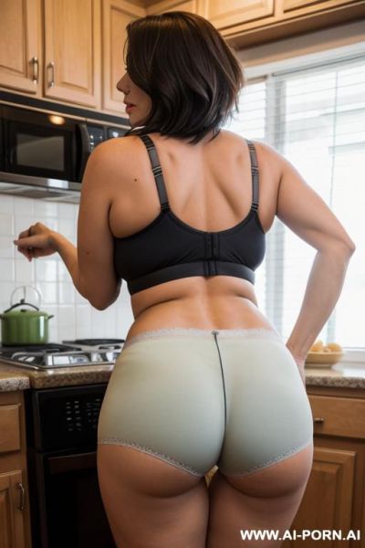Suburban mom, bra, tight shorts, kitchen, bending down over the stovetop, view from behind, she looks back at the camera - ai-porn.ai on pornsimulated.com