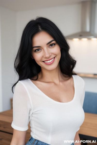 Natural woman, normal body w, black hair, brown eyes, blue jeans, white top, smiling face. - ai-porn.ai on pornsimulated.com