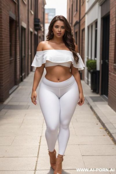 A curvy woman with long, wavy brown hair and tan skin standing outdoors on a brick-paved path. she is looking over her shoulder at the camera, wearing a white off-the-shoulder crop top and - ai-porn.ai on pornsimulated.com