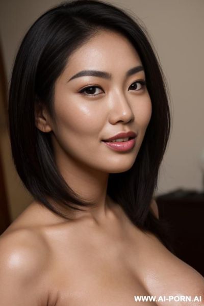 High definition, ((((hyper realistic)))), asian woman with beautiful (((asian face))), short straight hair down to her jaw, olive skin, chipmunk-like cheeks that are very round, bever smile, bright - ai-porn.ai on pornsimulated.com