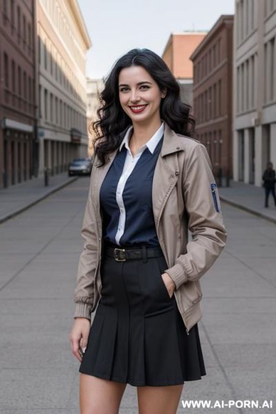 Gorgeous, perfect face, dark lipstick, wavy, smile, realistic hip size, portugese, factory. - ai-porn.ai on pornsimulated.com
