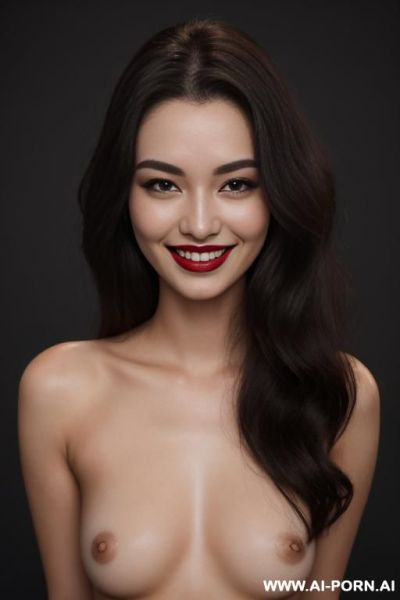 Perfect face, dark lipstick, smile, realistic hip size, pacific, empty background color. - ai-porn.ai on pornsimulated.com