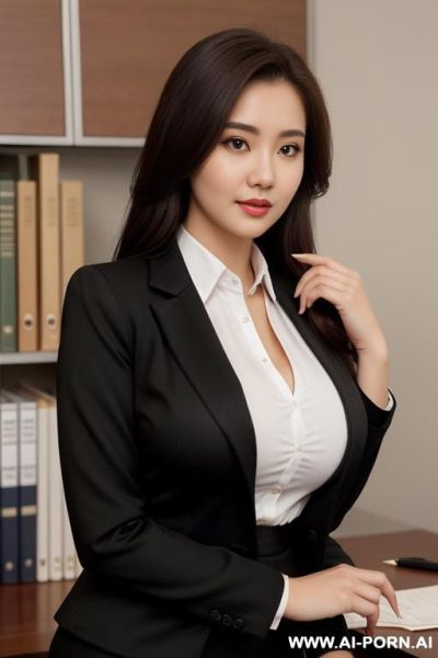 Blazer, office shirt, pencil skirt, hourglass body, busty woman - ai-porn.ai on pornsimulated.com