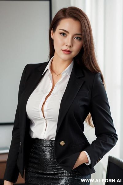 Blazer, office shirt, pencil skirt, hourglass body, busty scandi woman - ai-porn.ai on pornsimulated.com