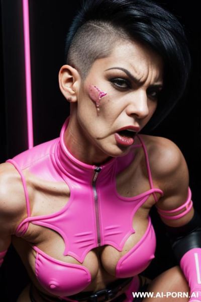 Ultra realistic, busty glamour, goth, white-skin caucasian naked, full naked, no clothes, hairy pussy, short pixie hairstyle with shaved sides, being fucked (( black hair )), - ai-porn.ai on pornsimulated.com