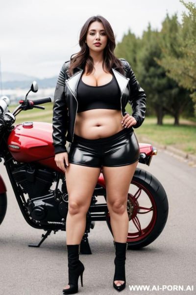 Turkish woman in biker shorts, thick thighs, belly fat ,rider jacket, heels, standing near super bike - ai-porn.ai - Turkey on pornsimulated.com