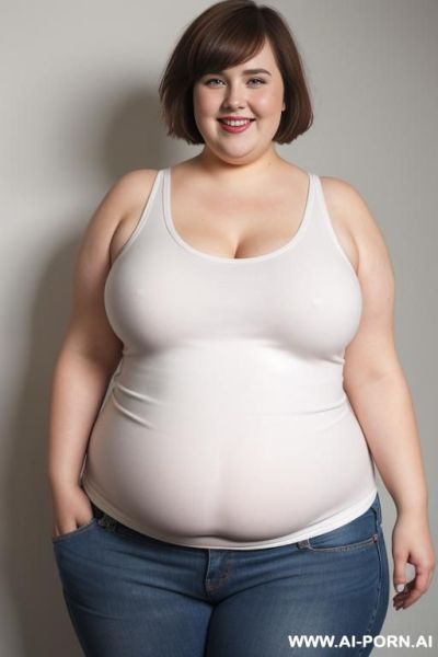 White woman, morbidly obese, rotund body, huge, supermodel, pear shaped, short hair, huge legs, massive hips, high rise jeans, eye contact, huge butt, white tank top - ai-porn.ai on pornsimulated.com