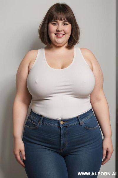 White woman, morbidly obese, rotund body, huge, supermodel, pear shaped, long hair, huge legs, massive hips, high rise jeans, eye contact, huge butt, white tank top - ai-porn.ai on pornsimulated.com