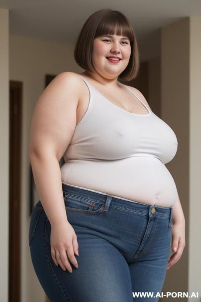 White woman, morbidly obese, rotund body, huge, supermodel, pear shaped, long hair, huge legs, massive hips, high rise jeans, eye contact, huge butt, white tank top - ai-porn.ai on pornsimulated.com