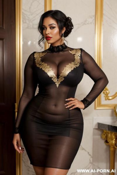 Black woman, rotund body, huge, supermodel, pear shaped, long hair, huge legs, massive hips, photograph of a curvy woman with fair skin and long, wavy dark brown hair, wear a form-fitting, - ai-porn.ai on pornsimulated.com