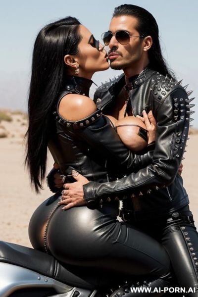((((arab biker milf hugging and kissing atwenty year old muscular man on the lips)))) with ((((((gigantic tits)))))) and (((long hair))), (makeup) , (((tight spiked black leather jacket))) (((tight - ai-porn.ai on pornsimulated.com