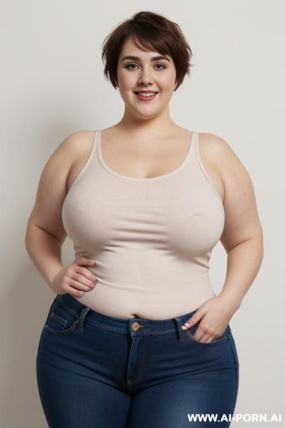 White woman, rotund body, huge, supermodel, pear shaped, short hair, huge legs, massive hips, high rise jeans, eye contact, huge arms - ai-porn.ai on pornsimulated.com