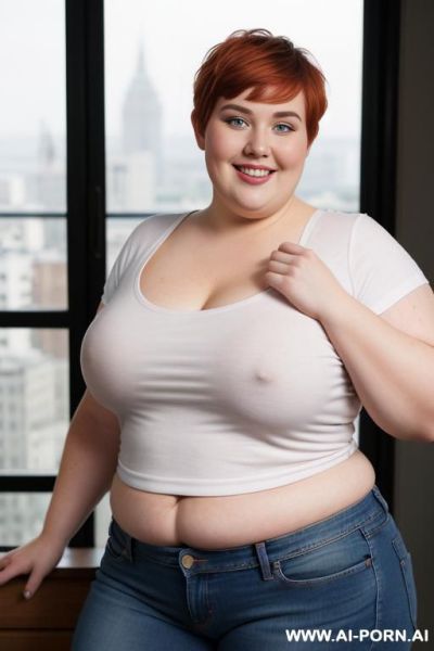 White woman, rotund body, huge, supermodel, pear shaped, lovehandless, tummy, short hair, huge legs, massive hips, high rise jeans, eye contact, huge arms - ai-porn.ai on pornsimulated.com