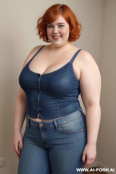 White woman, rotund body, huge, supermodel, pear shaped, lovehandless, short hair, huge legs, massive hips, high rise jeans, eye contact, huge arms - ai-porn.ai on pornsimulated.com