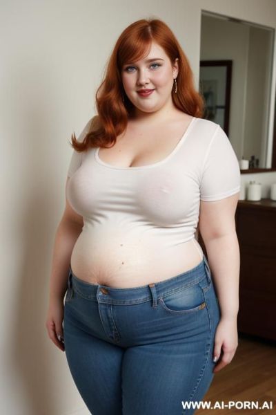 White woman, rotund body, pregnant, supermodel, pear shaped, long hair, huge legs, massive hips, high rise jeans, eye contact, huge arms, naked, angry, covered in chocolate - ai-porn.ai on pornsimulated.com