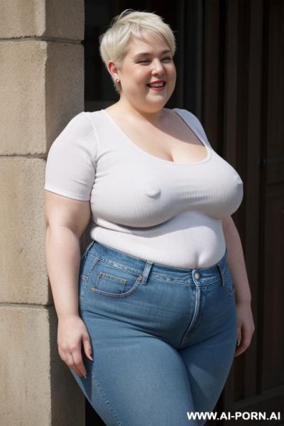 White woman, rotund body, huge, pear shaped, huge legs, huge arms, massive hips, high rise jeans, - ai-porn.ai on pornsimulated.com
