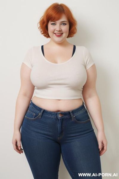 White woman, rotund body, huge, supermodel, pear shaped, short hair, huge legs, massive hips, high rise jeans, eye contact, huge arms - ai-porn.ai on pornsimulated.com