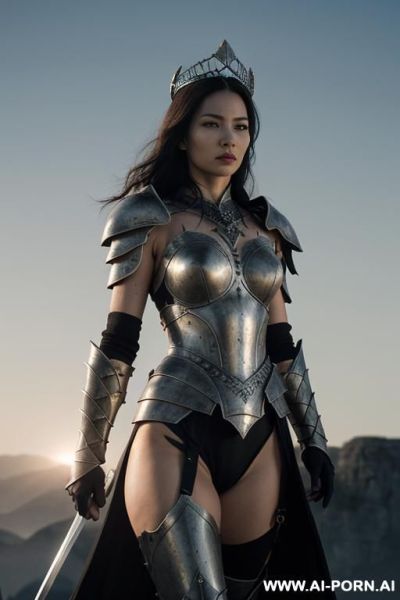 (front view), ((pallid gray skin))), ((pallid gray color of the face))), perfect athletic body, very dominant serious woman, wearing a black steel crown, wearing a gauntlets, wearing black fantasy - ai-porn.ai on pornsimulated.com