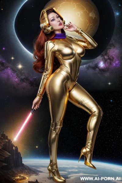 Hyperrealistic painting, with helmet, wearing golden sci-fi helmet, round boobs space queen woman, totally nude, drawings, plump supermodel, total babe, wide hips, cleavage, fit, big ass, massive - ai-porn.ai on pornsimulated.com