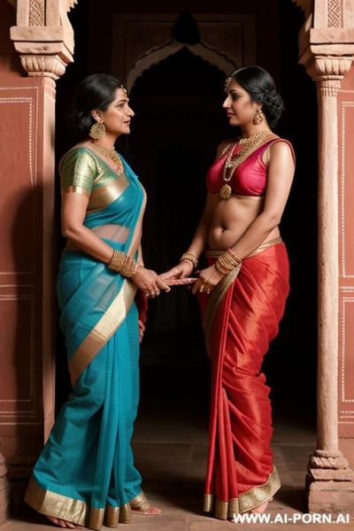 A situation with a ancient indian fifty years old blackhaired pudgy queen dressed in a traditional sari and her lesbian devote obedient submissive full naked female servant with shaved vagina in a indian palace - ai-porn.ai - India on pornsimulated.com