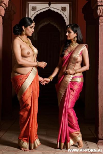 A situation with a ancient indian fifty years old blackhaired pudgy queen in a traditional sari and her lesbian devote obedient submissive full naked female servant with shaved vagina in a indian palace - ai-porn.ai - India on pornsimulated.com