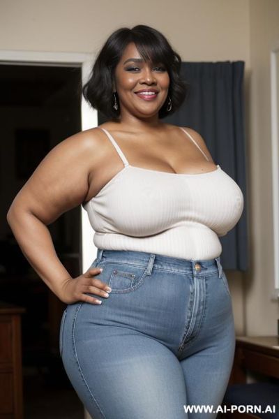 Black woman, rotund body, huge, supermodel, pear shaped, long hair, huge legs, massive hips, high rise jeans, eye contact - ai-porn.ai on pornsimulated.com