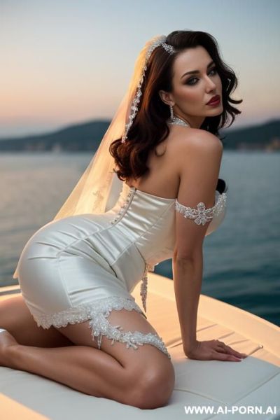 Landscape sunset on the boat , wet body beauty face italian mommy sexy lips smiling mouth half open brunette hair with view fish eye lens shot closed up boobs shot direct eye contact sexy - ai-porn.ai - Italy on pornsimulated.com