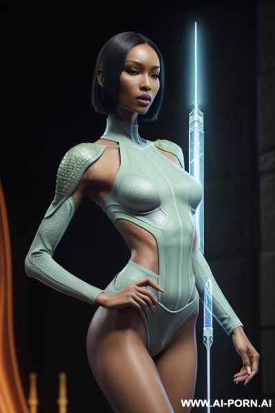 ((front view)), (looking at the viewer), (detailed face), (detailed body), (detailed hands), (detailed skin), sci-fi swordwoman, well-toned slender atletic figure, silky long flowing hair, mystical makeup, - ai-porn.ai on pornsimulated.com
