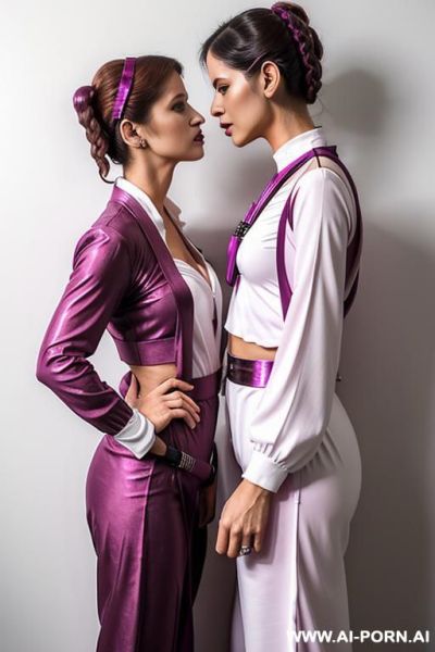 Two bangladeshi hot mature sexy granny in a photoshoot, mom and wife, lesbian affair, slutty makeup, nasty poses, wide long shot, sexy outfit, photorealism, bold eyes, biting lips, on the wall, - ai-porn.ai on pornsimulated.com