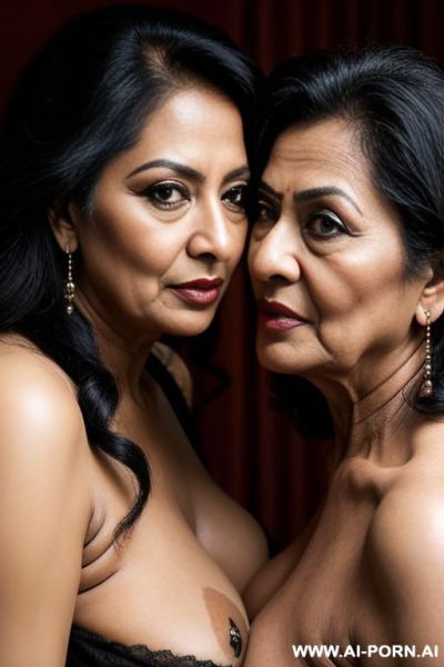 Two bangladeshi hot mature sexy granny in a photoshoot, mom and wife, lesbian affair, slutty makeup, nasty poses, - ai-porn.ai on pornsimulated.com
