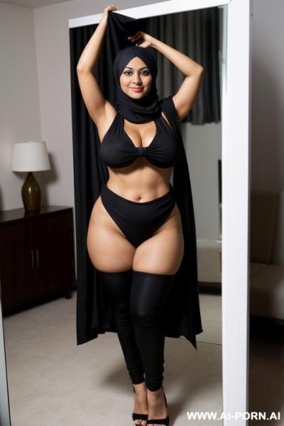 A beautiful arabic mature naked, full naked, wearing a black hijjab, ((arms up)) - ai-porn.ai on pornsimulated.com