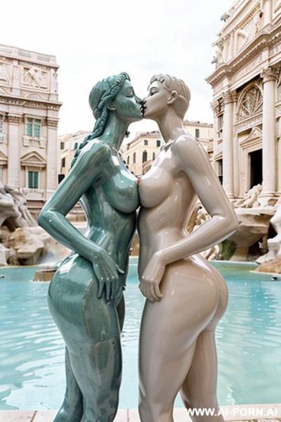 Sculpture of two kissing naked women in white. realistic, very beautiful faces. full body view. trevi fountain in the background. sculpture. white. french kiss. lesbians. big breasts. big ass. lesbian kiss - ai-porn.ai - France on pornsimulated.com